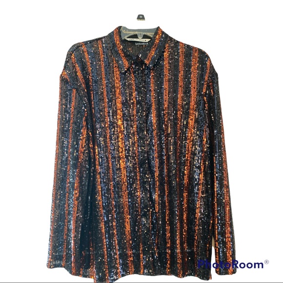 Zara sequin top black and orangey bronze button up shirt size Medium - Picture 10 of 13